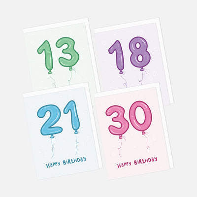 Four birthday cards with numbers 13, 18, 21, and 30 on balloons against a white background.