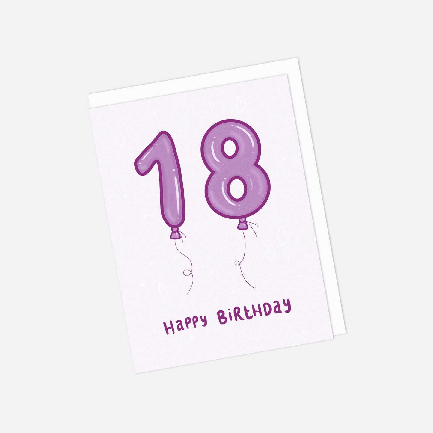Happy 18th birthday card with purple balloons on a lilac background