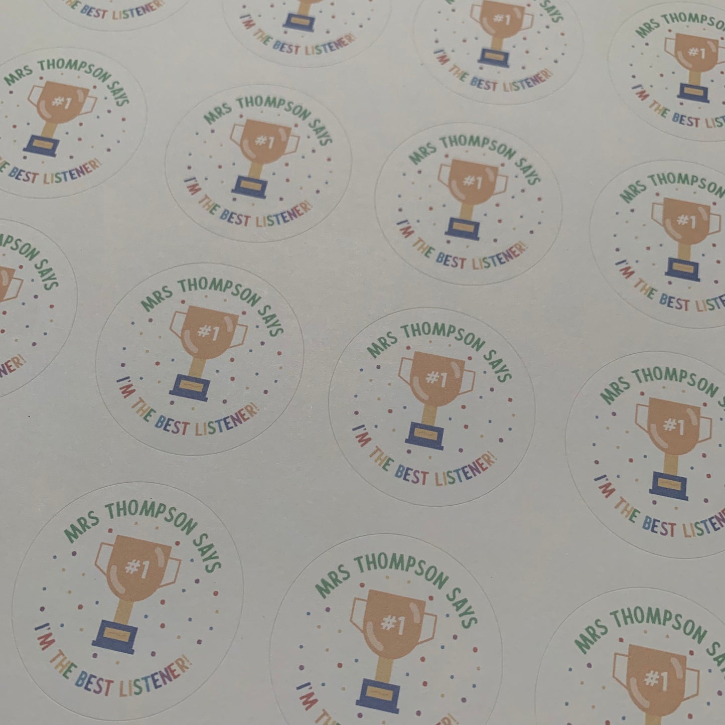 Sticker Sheet for Teacher / Teaching Assistant with Medal / Trophy I'm the Best Listener Front