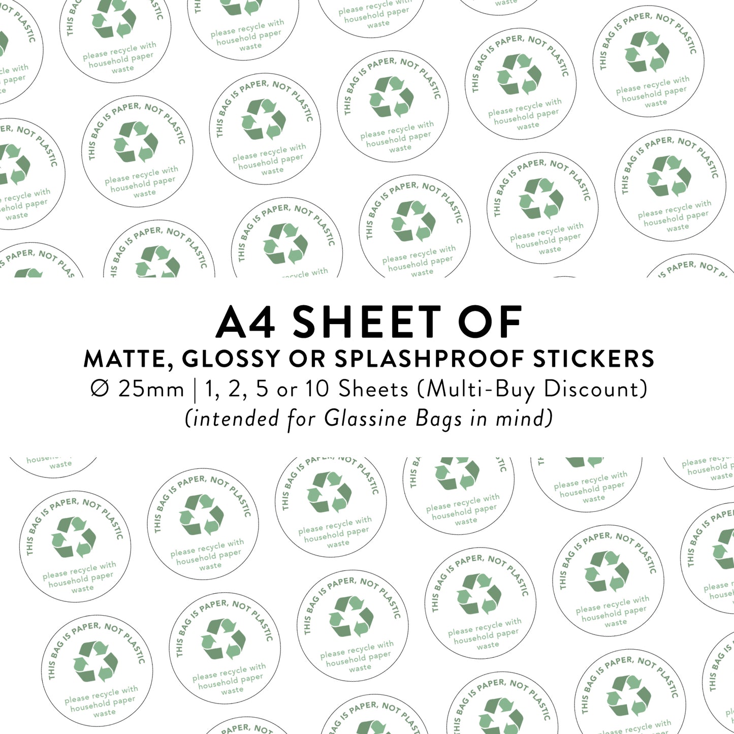 ♻️ A4 Sheet of 54 ø 25 mm Recyclable Bag - Matte/Glossy Splashproof Stickers – Business Packaging