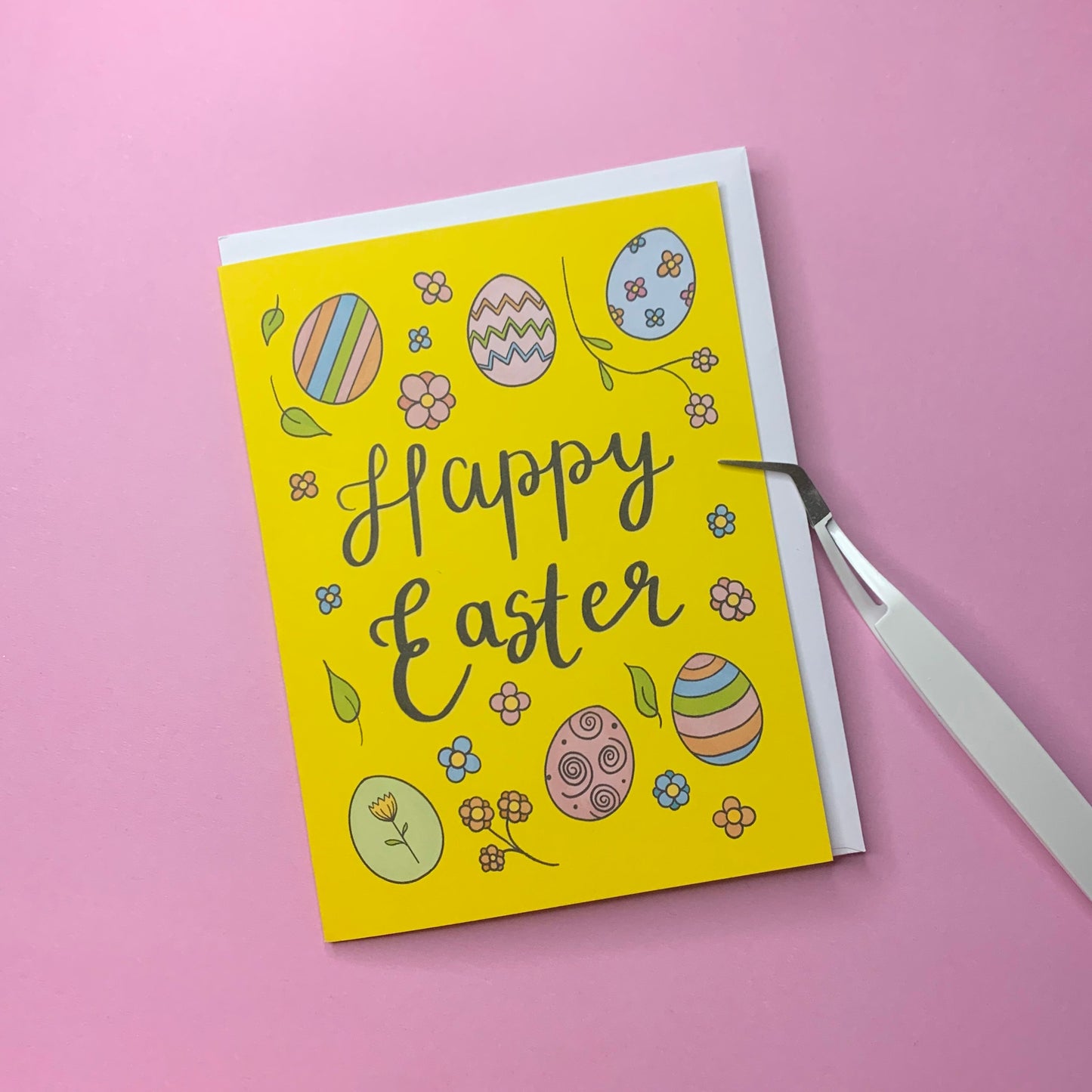 Easter Greeting Card with Handdrawn Easter Eggs with Pattern & Flowers - Happy Easter