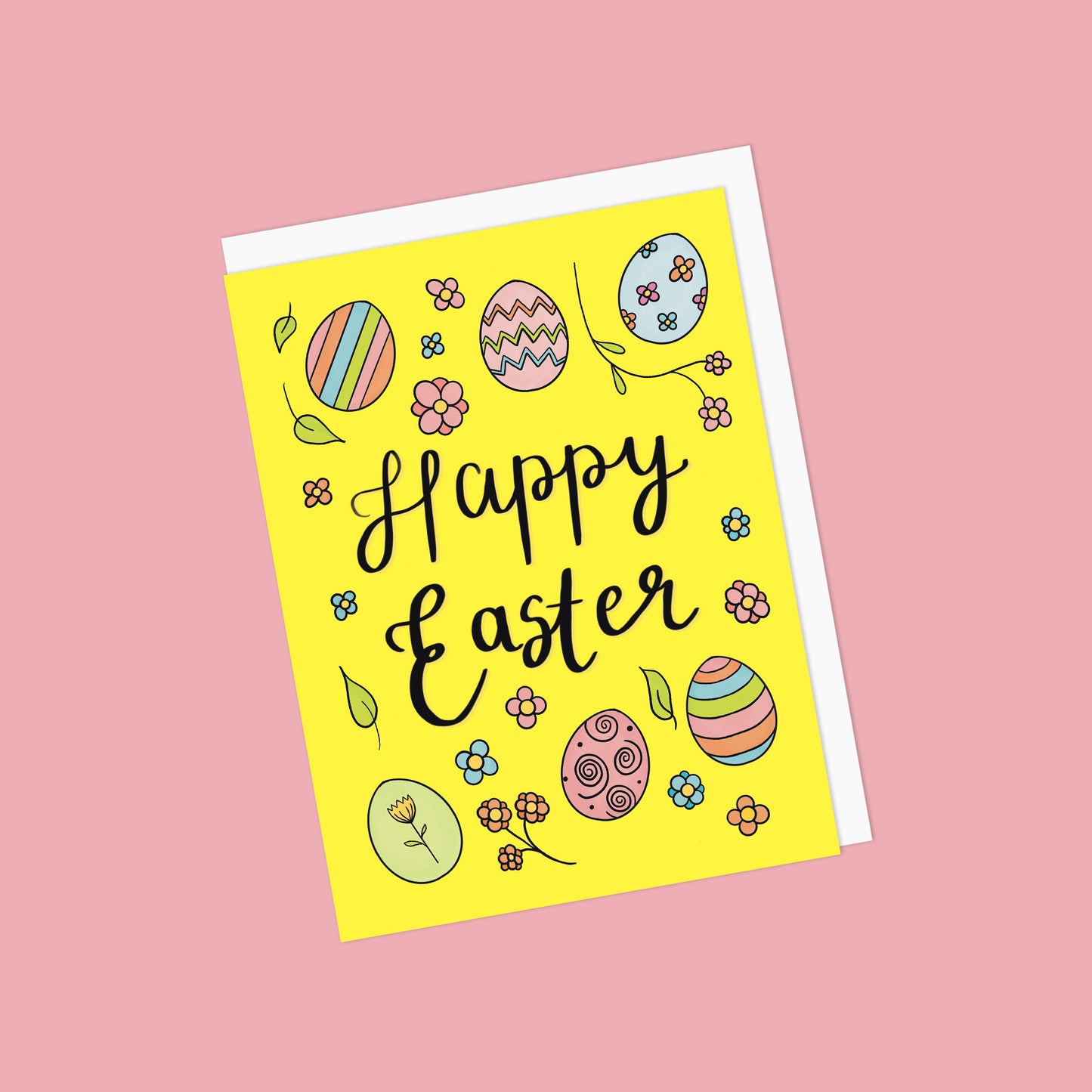 Easter Greeting Card with Handdrawn Easter Eggs with Pattern & Flowers - Happy Easter
