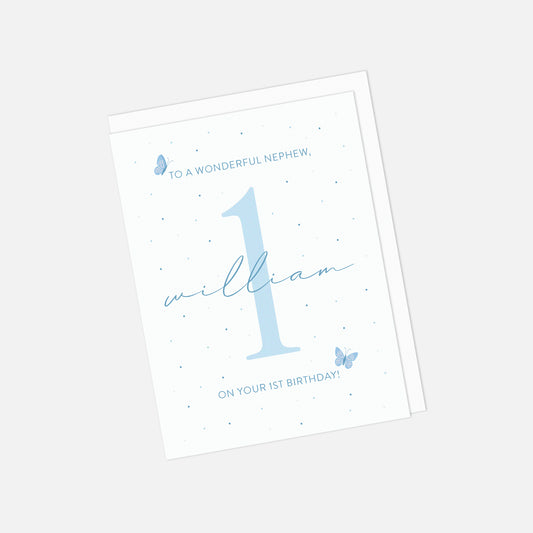 Greeting card with blue text and number '1' on a white background