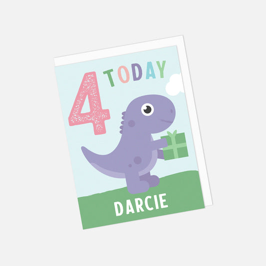 Personalised Children's birthday card with a dinosaur holding a gift, text '4 Today Darcie' on a yellow background