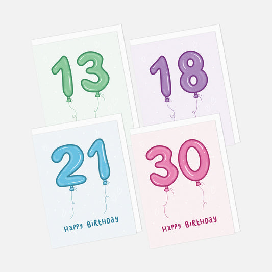 Four birthday cards with numbers 13, 18, 21, and 30 on balloons against a white background.