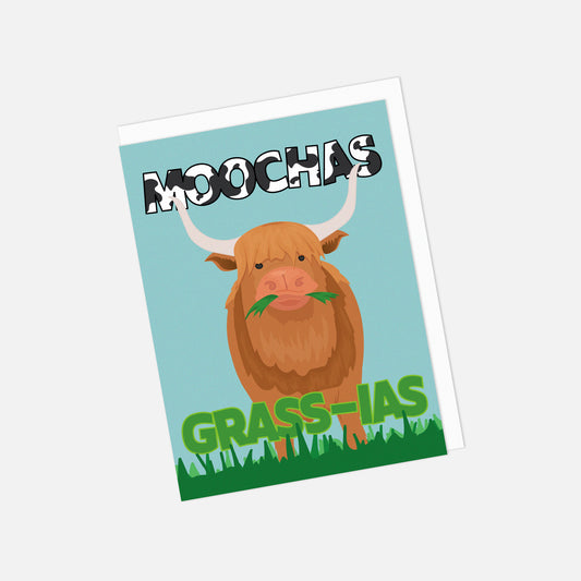 Card with a cartoon highland cow and text 'MOOCHAS GRASS-IAS' on a light blue background