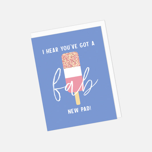 Greeting card with ice cream illustration and text on a blue background - fab new pad
