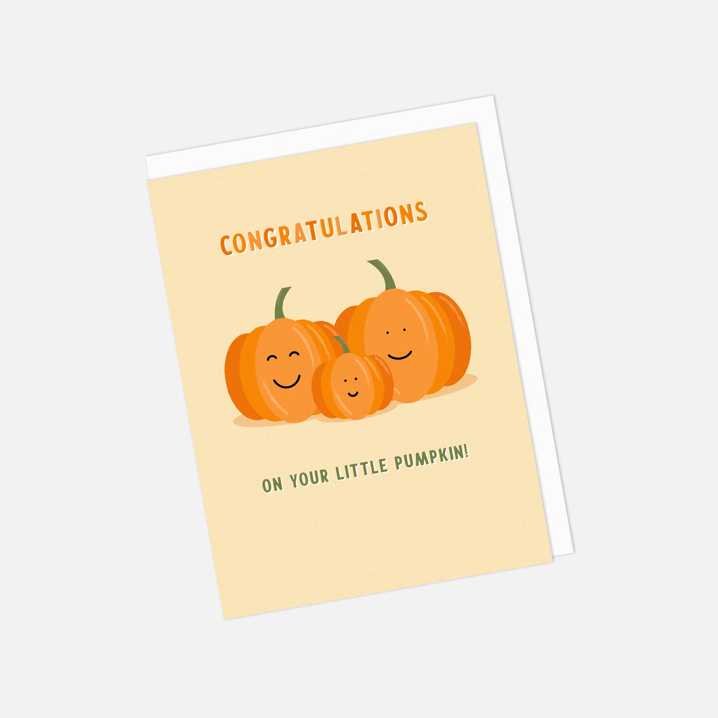 Greeting card with pumpkins and text on a beige background - congrats on your little pumpkin