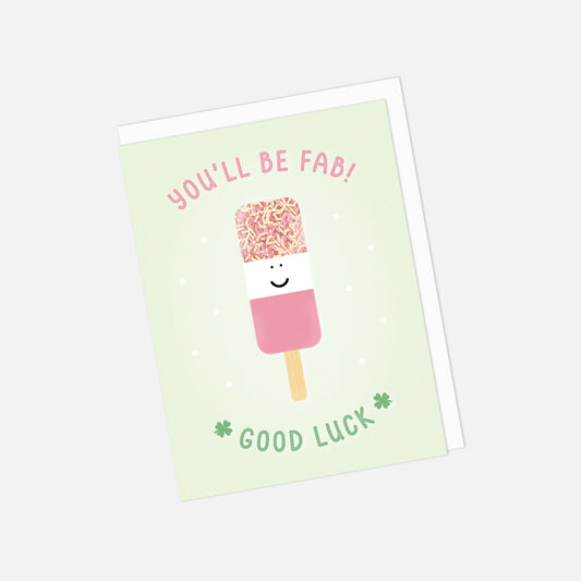 Good luck Greeting card with a popsicle illustration and text on a light green background