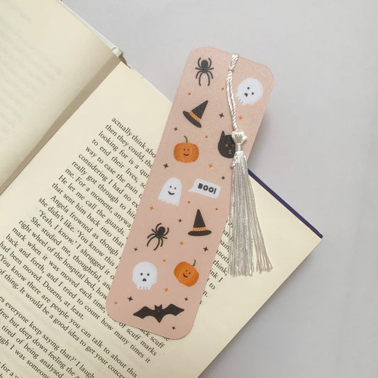 📖 Pastel Halloween Recycled Bookmark with Tassel – "Boo!" Ghosts & Pumpkins – Matte Finish