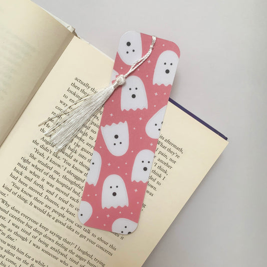 👻 Pink Ghost Recycled Bookmark with Tassel – Cute Halloween Theme – Matte Finish