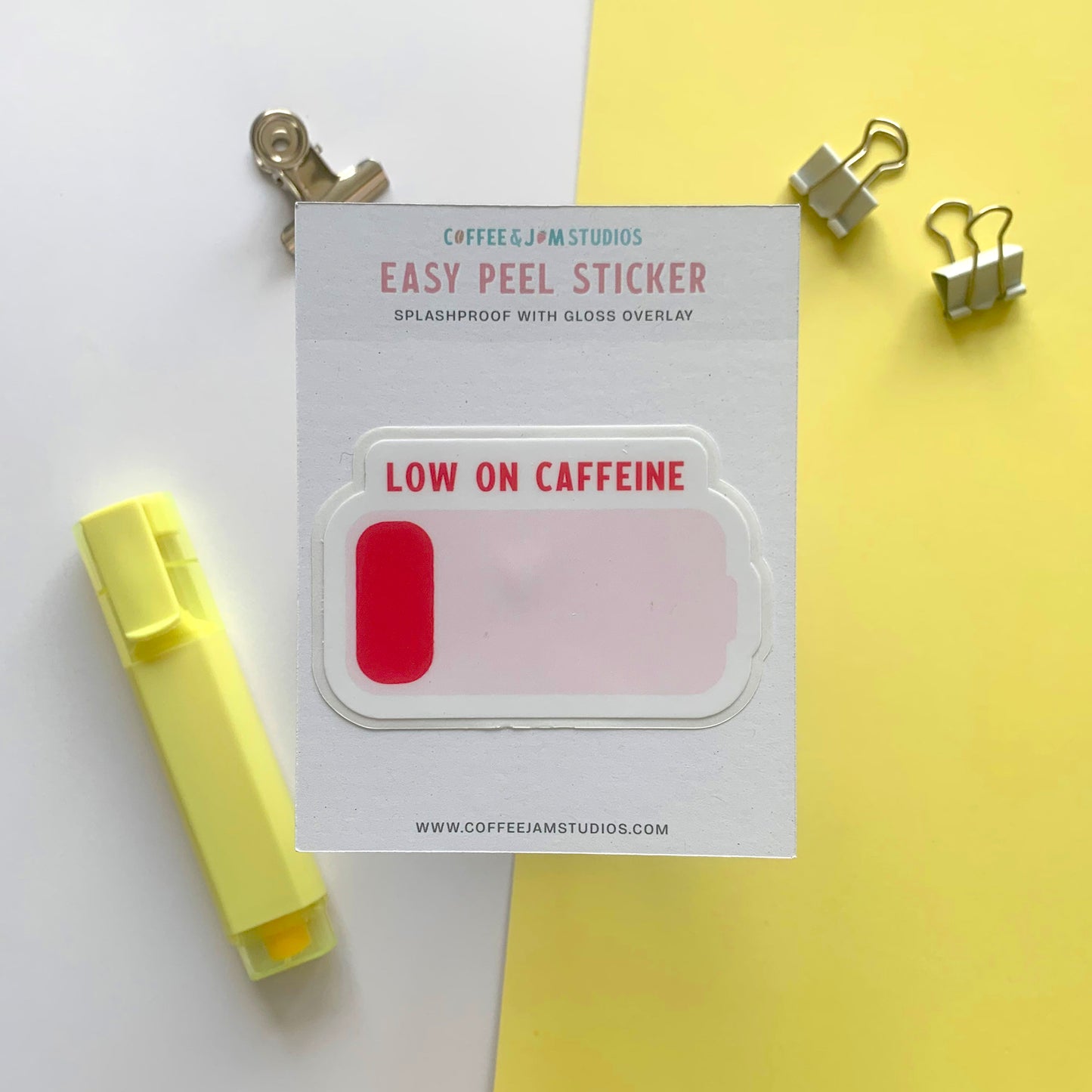 ☕️ Low on Caffeine – Easy Peel Sticker with Gloss Overlay