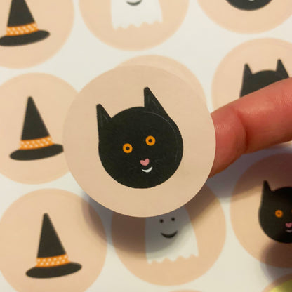 👻 A4 Sticker Sheet of 24 Halloween Stickers – Pumpkin, Witch Hat, Ghost & Black Cat