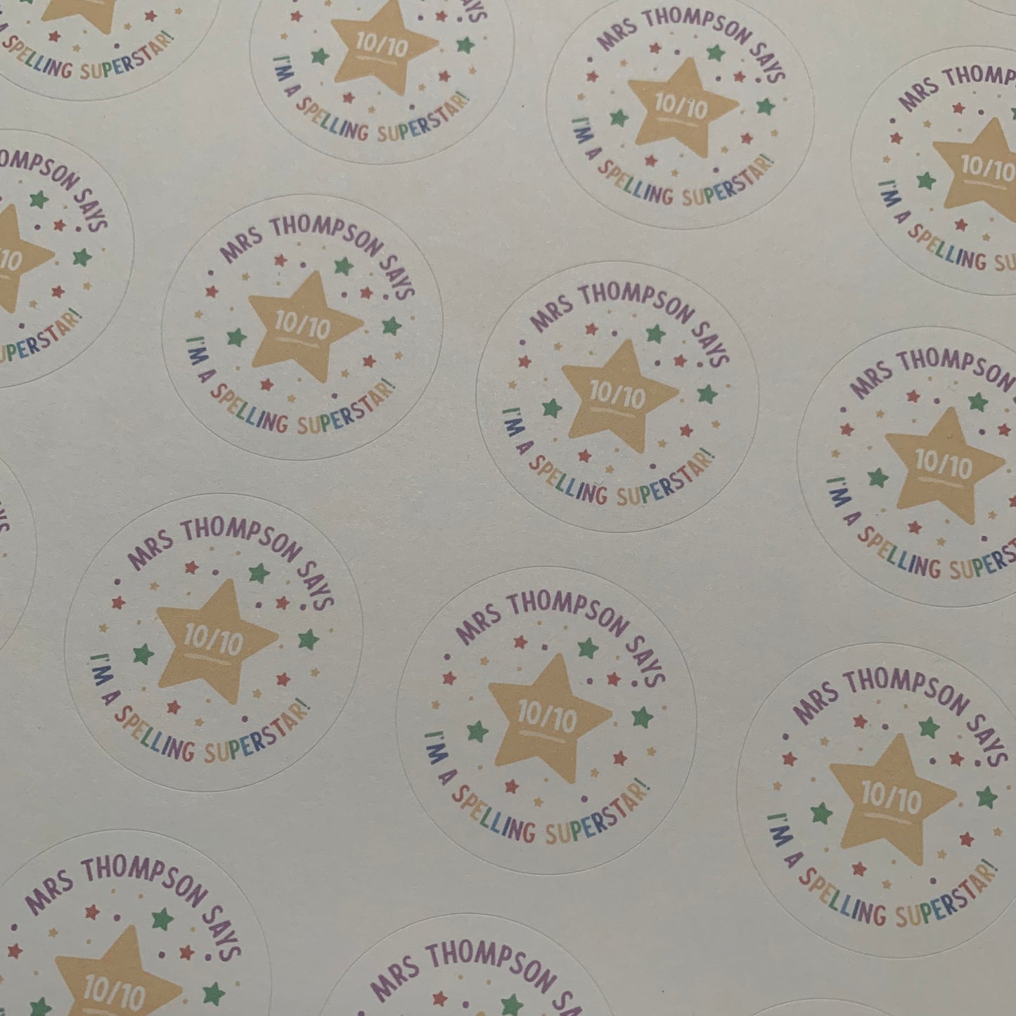 Sticker Sheet for Teacher / Teaching Assistant with Star I'm a Spelling Superstar Front