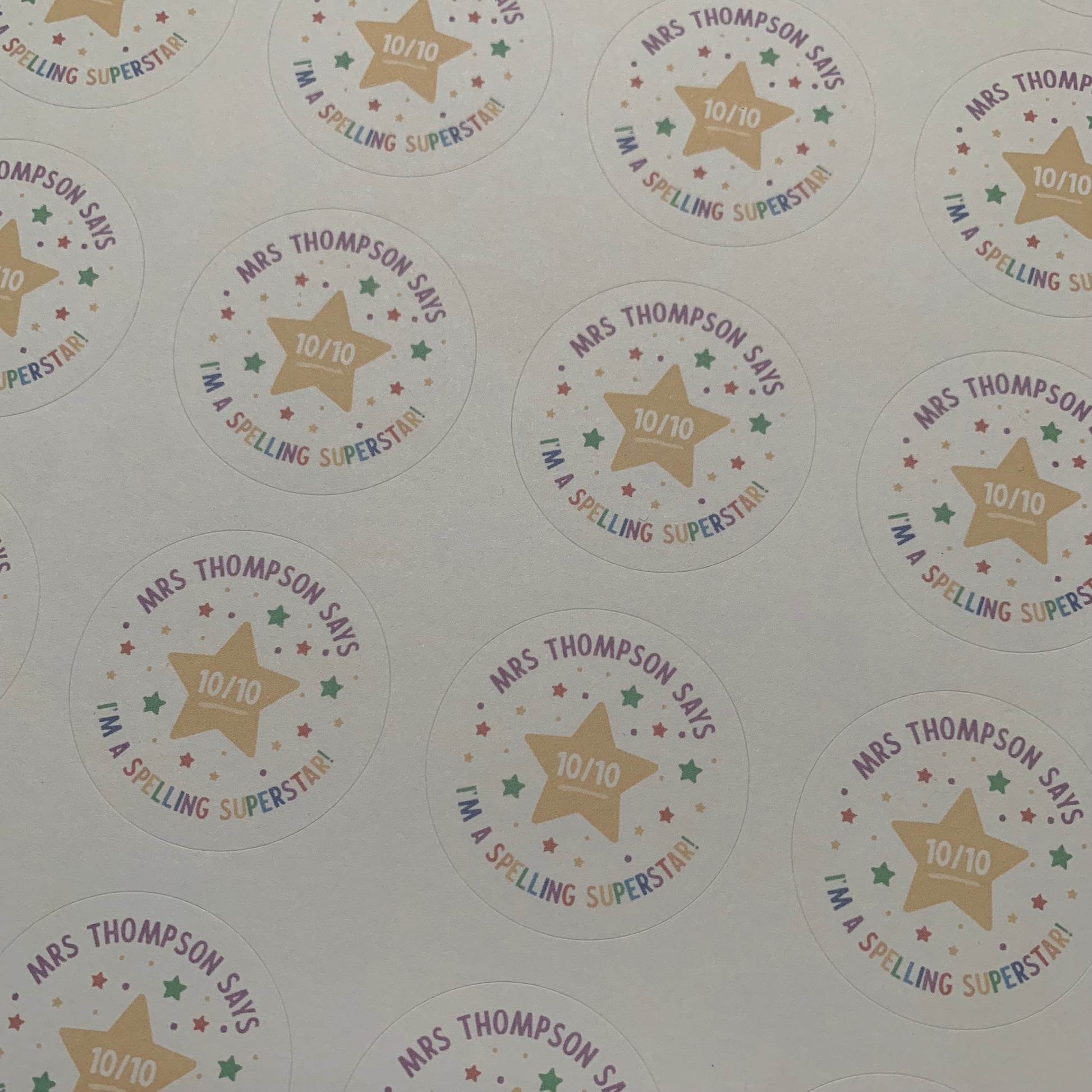 Sticker Sheet for Teacher / Teaching Assistant with Star I'm a Spelling Superstar Front