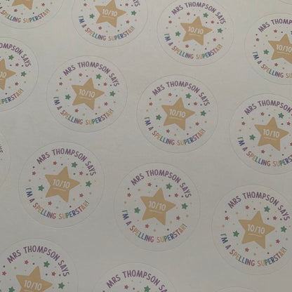 Sticker Sheet for Teacher / Teaching Assistant with Star I'm a Spelling Superstar Front