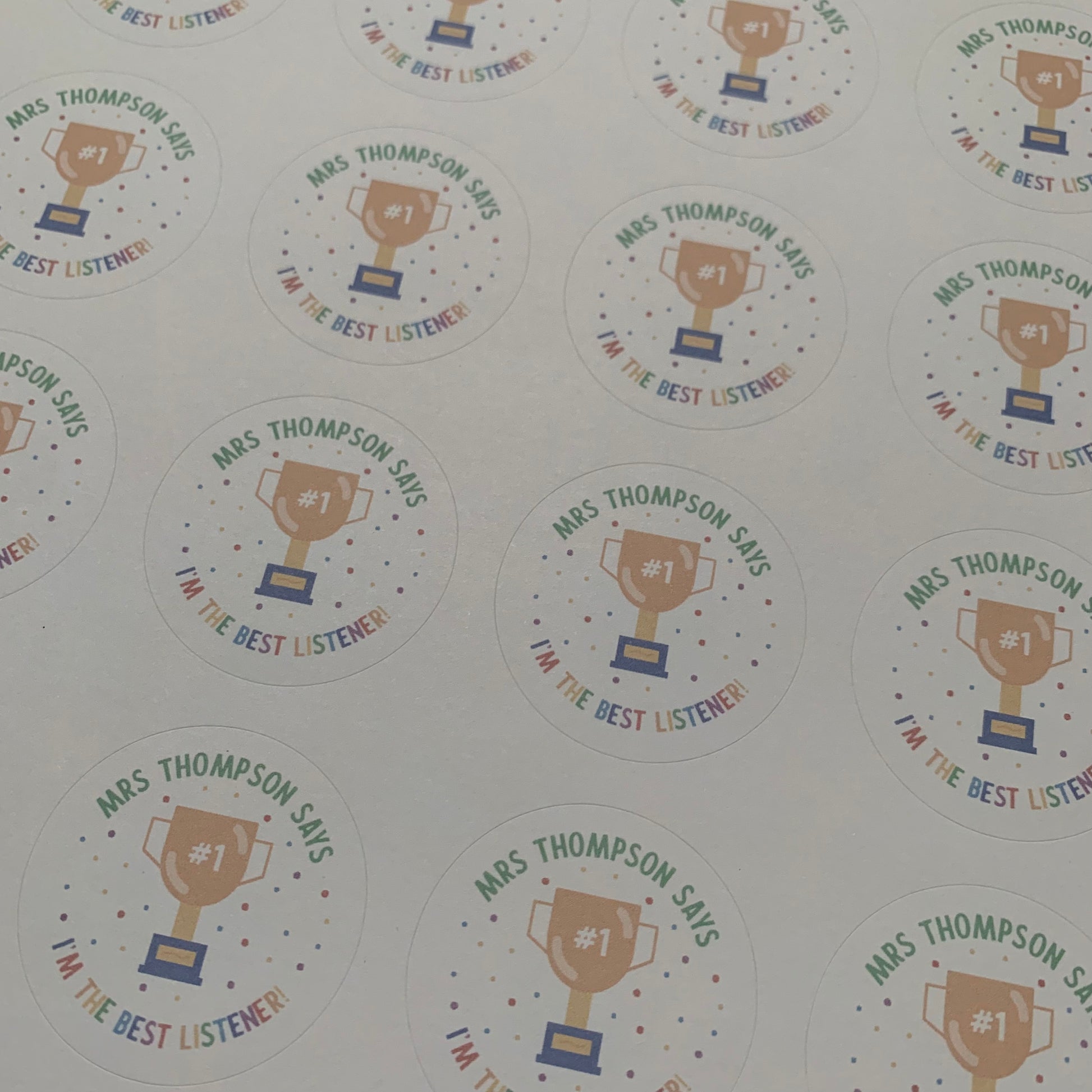Sticker Sheet for Teacher / Teaching Assistant with Medal / Trophy I'm the Best Listener Front