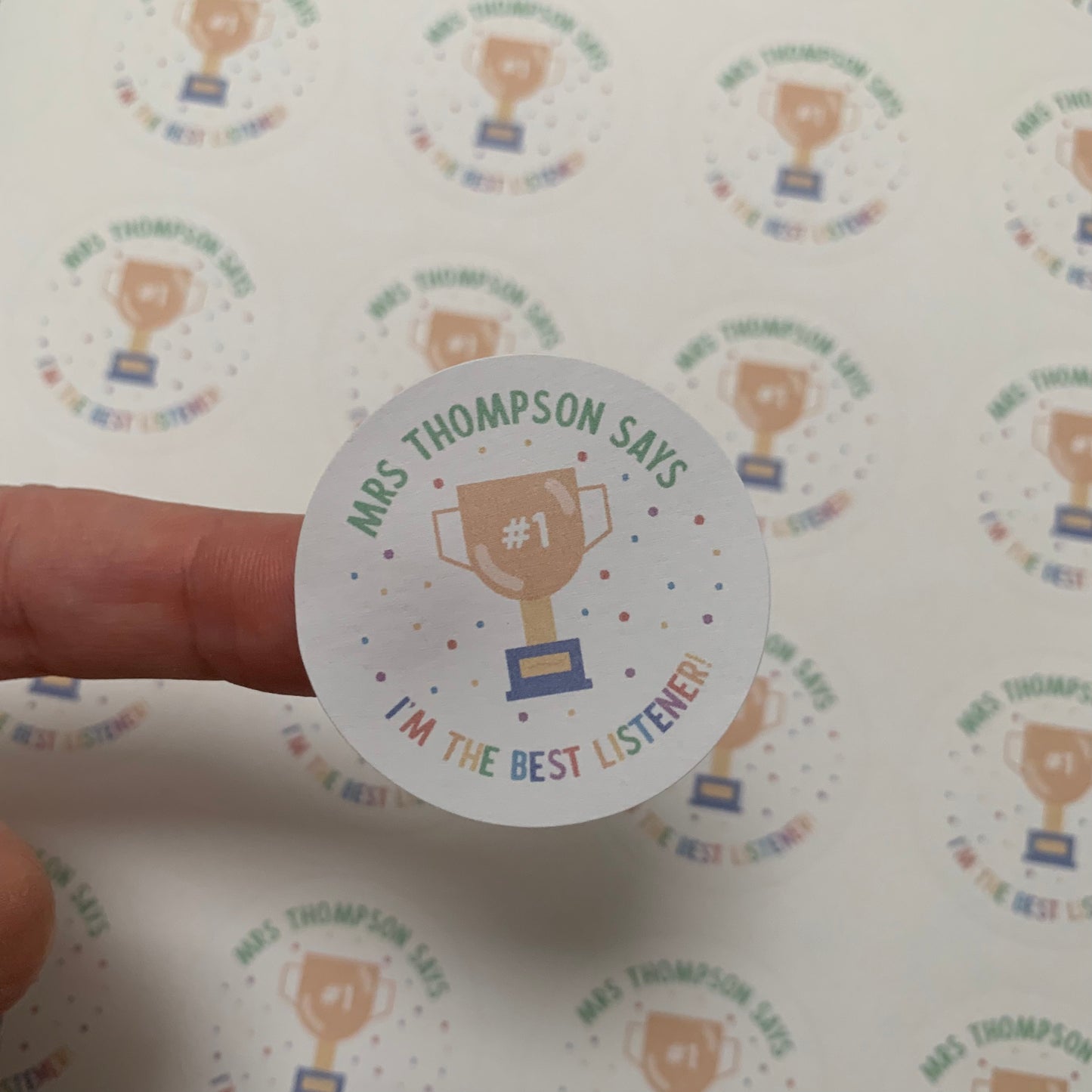 Sticker Sheet for Teacher / Teaching Assistant with Medal / Trophy I'm the Best Listener Individual