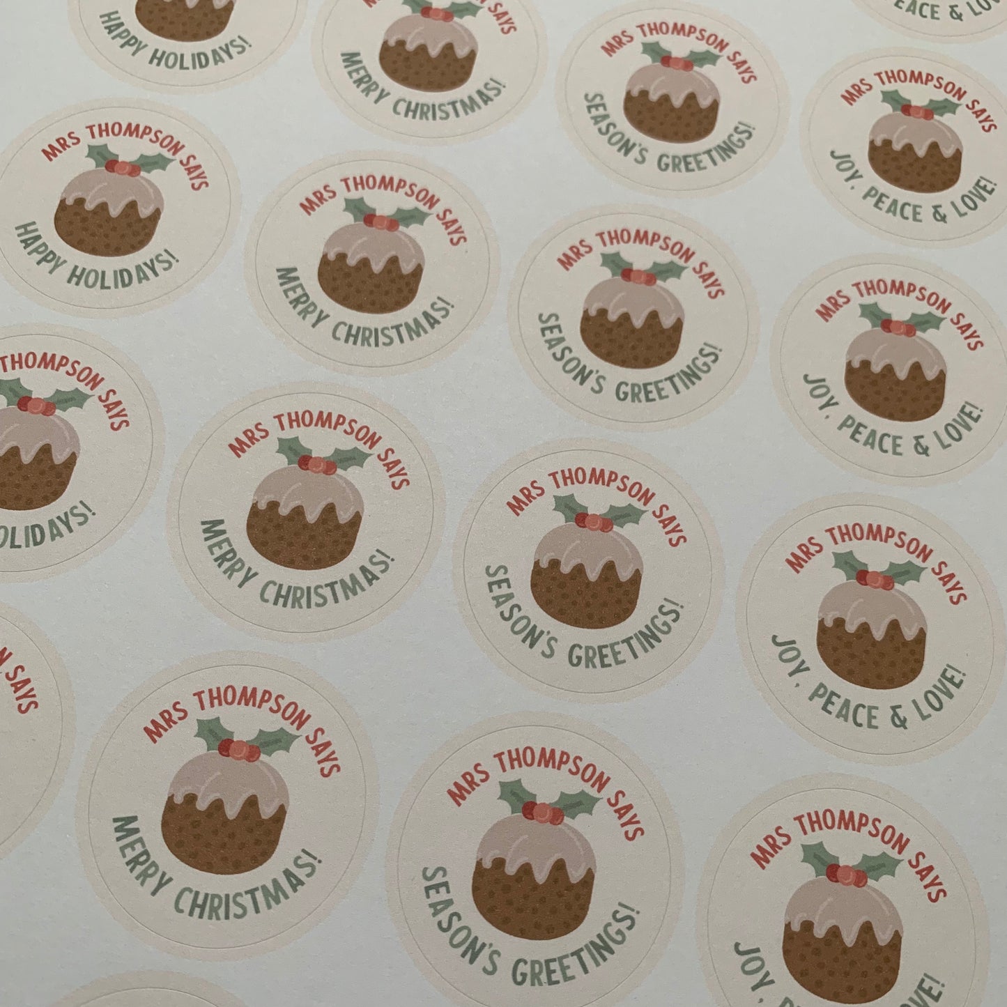 Sticker Sheet for Teacher / Teaching Assistant with Christmas Pudding Joy Peace Love Front