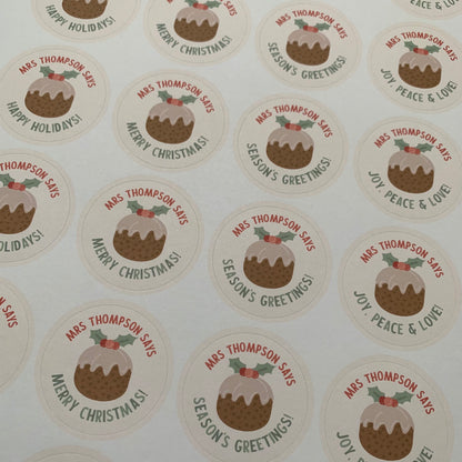 Sticker Sheet for Teacher / Teaching Assistant with Christmas Pudding Joy Peace Love Front