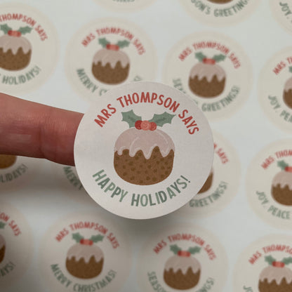 Sticker Sheet for Teacher / Teaching Assistant with Christmas Pudding Happy Holidays Individual