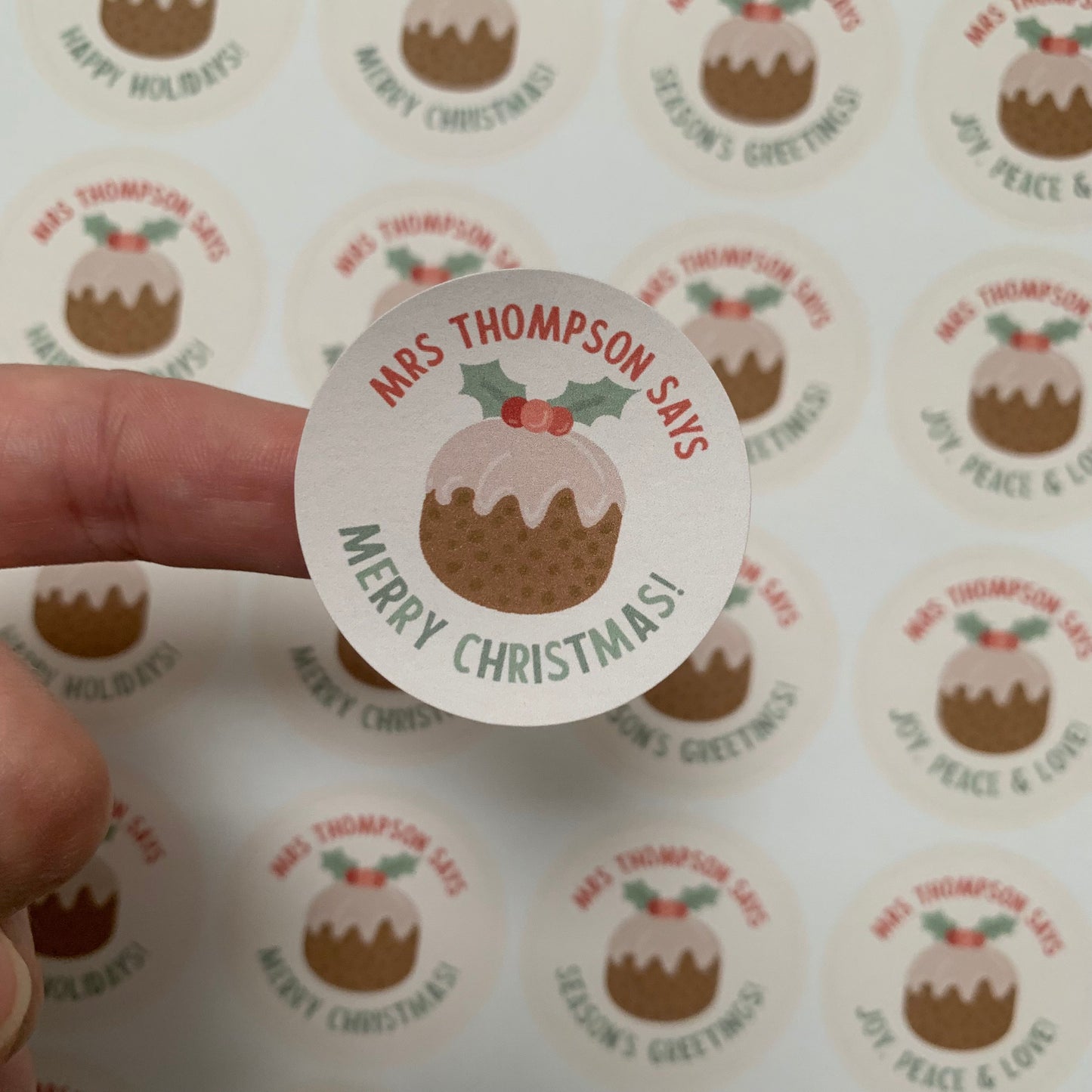 Sticker Sheet for Teacher / Teaching Assistant with Christmas Pudding Merry Christmas Individual
