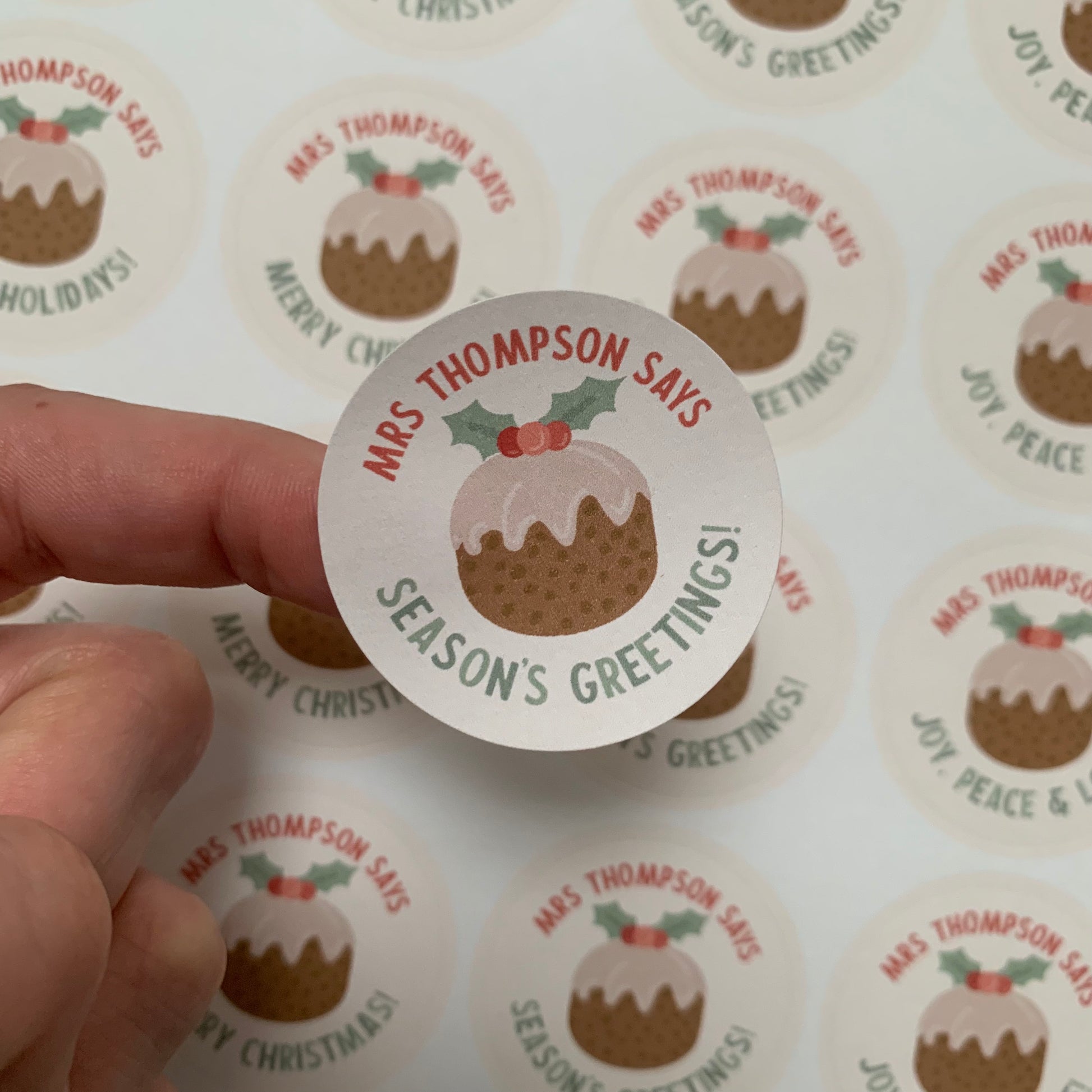 Sticker Sheet for Teacher / Teaching Assistant with Christmas Pudding Season's Greetings Individual