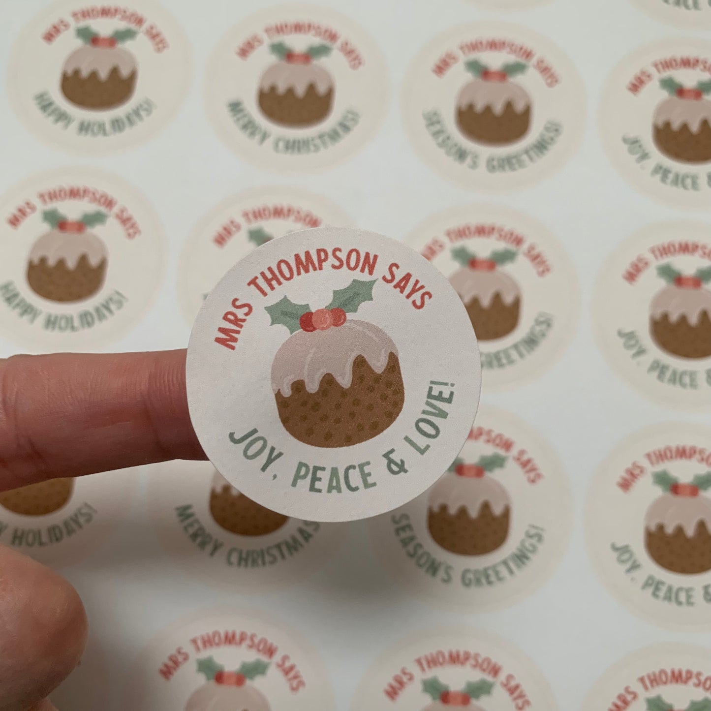 Sticker Sheet for Teacher / Teaching Assistant with Christmas Pudding Joy Peace Love Individual