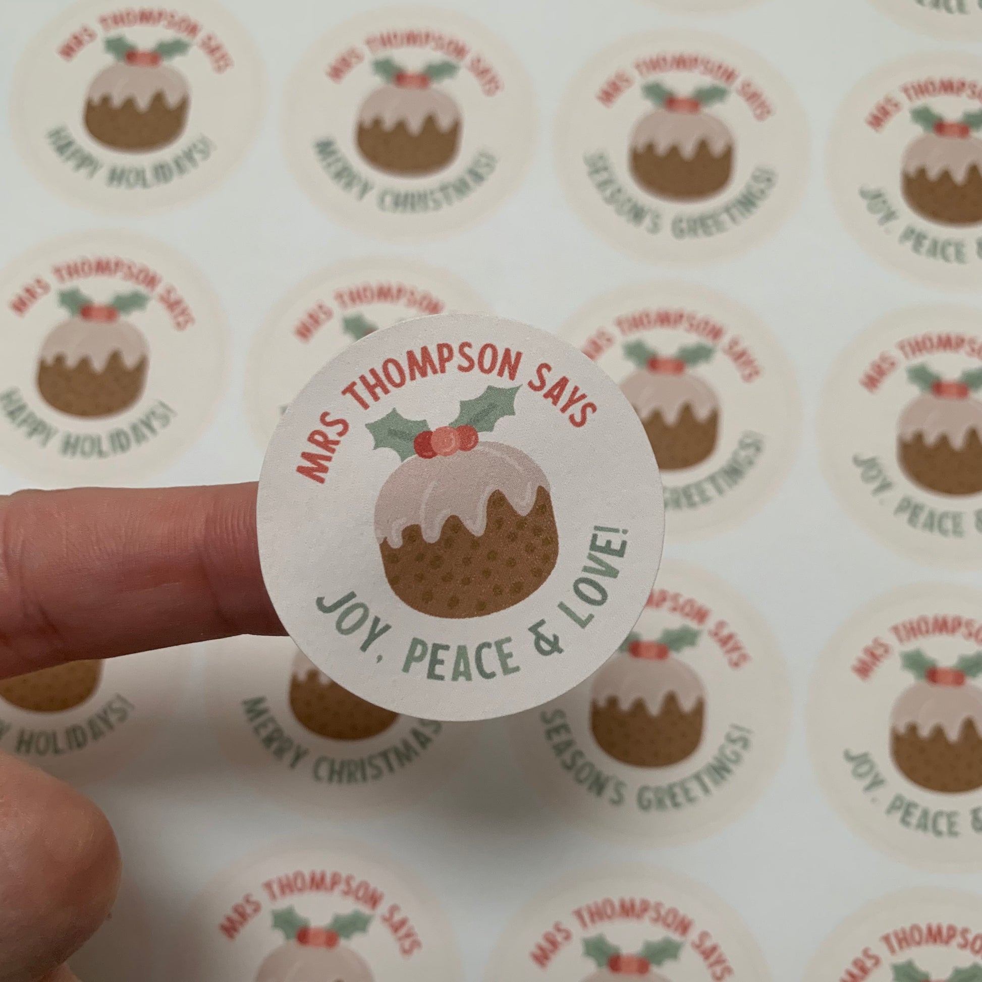 Sticker Sheet for Teacher / Teaching Assistant with Christmas Pudding Joy Peace Love Individual