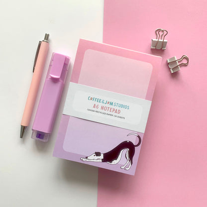 🐾 Black & White Greyhound – Recycled A6 Notepad