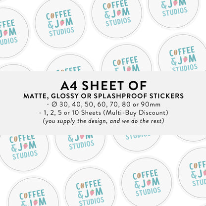 📄 A4 Sheet of ø 30–90 mm Matte / Glossy / Glossy Splashproof Custom Stickers - Business Stationery