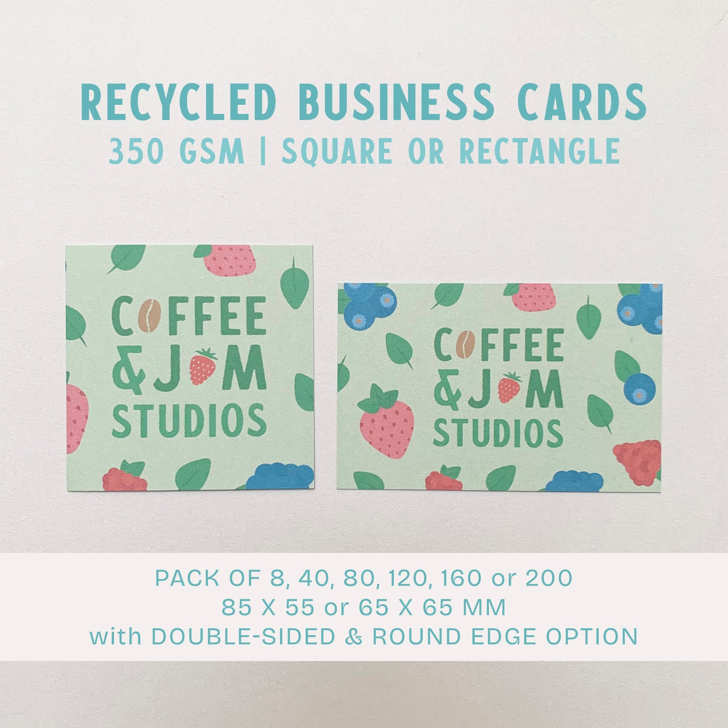📇 Recycled Business Cards – Rectangle (85×55 mm) or Square (65×65 mm) – Uncoated, Satin Matte or Glossy Finish