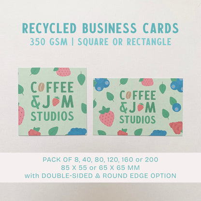 📇 Recycled Business Cards – Rectangle (85×55 mm) or Square (65×65 mm) – Uncoated, Satin Matte or Glossy Finish