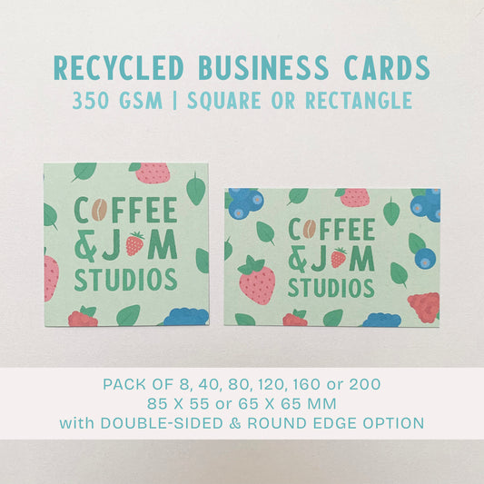 📇 Custom Recycled Business Cards – Standard (85×55 mm) or Square (65×65 mm) – Packs of 8, 120 or 200