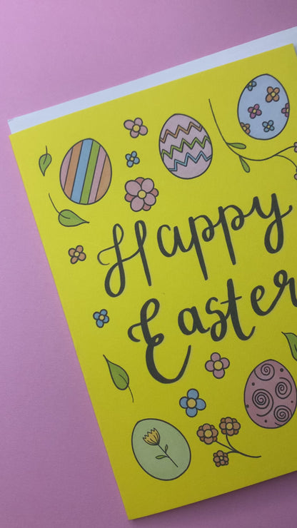 Easter Greeting Card with Handdrawn Easter Eggs with Pattern & Flowers - Happy Easter